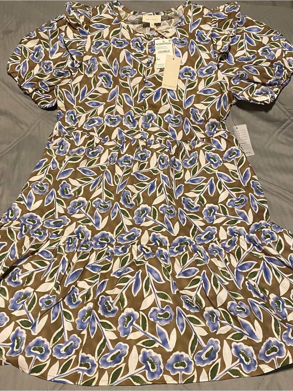MELLODAY NWT Floral Tiered Puff-Sleeve Dress in Khaki, Blue & White Size Large